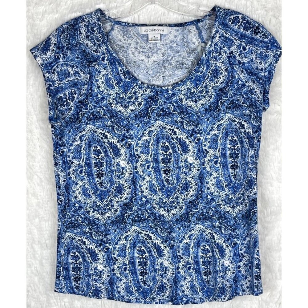 Liz Claiborne Medium Short Sleeve Shirt Blue White Paisley